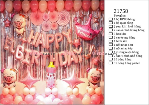 T31758 Set bóng trang trí heo tai có hồng- bộ