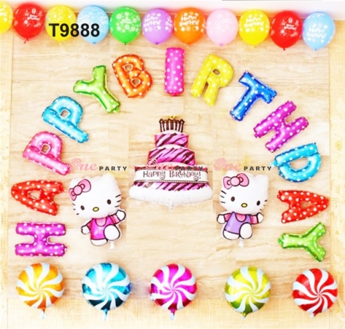 T9888 set bóng HPBD đủ màu kitty và bánh kem hồng lớn