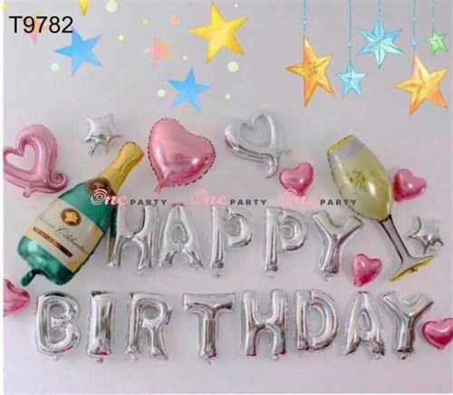 T9782 set bóng HPBD bạc ly-chai rượu và tim sao