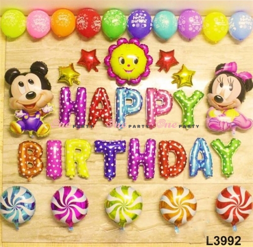L3992 set bóng HPBD đủ màu và kẹo xoáy (mickey-minie ngồi)