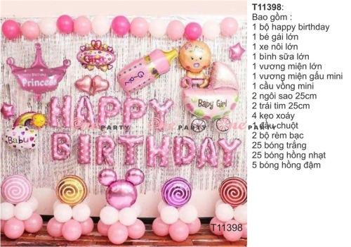 T11398 set bóng vươn miện+rèm+xe nôi+bé gái